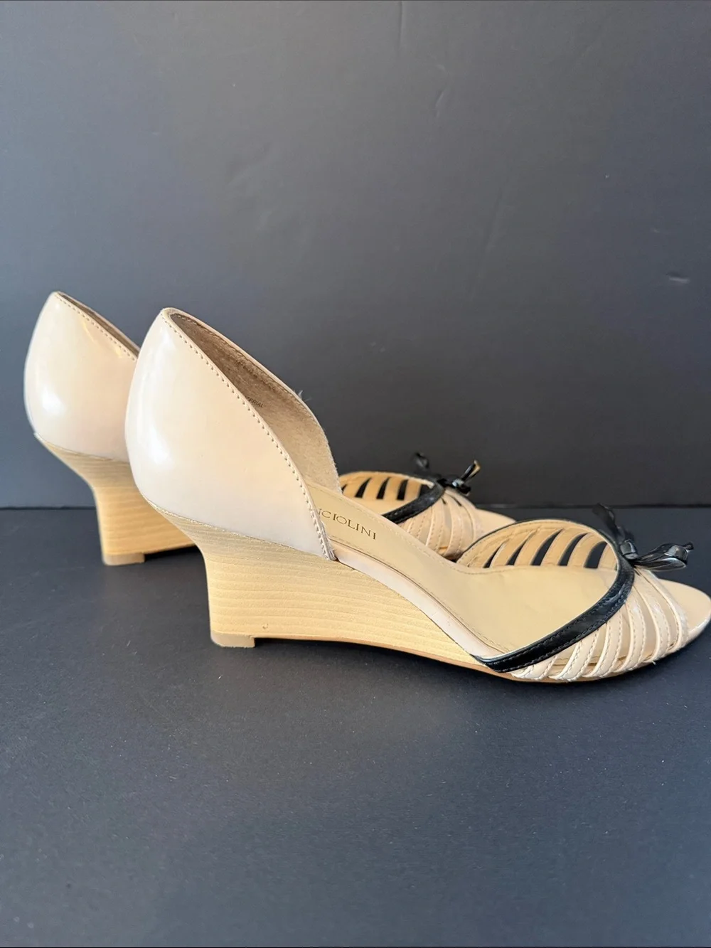 Enzo Angiolini Nude and Black D'Orsay Bow Wedges